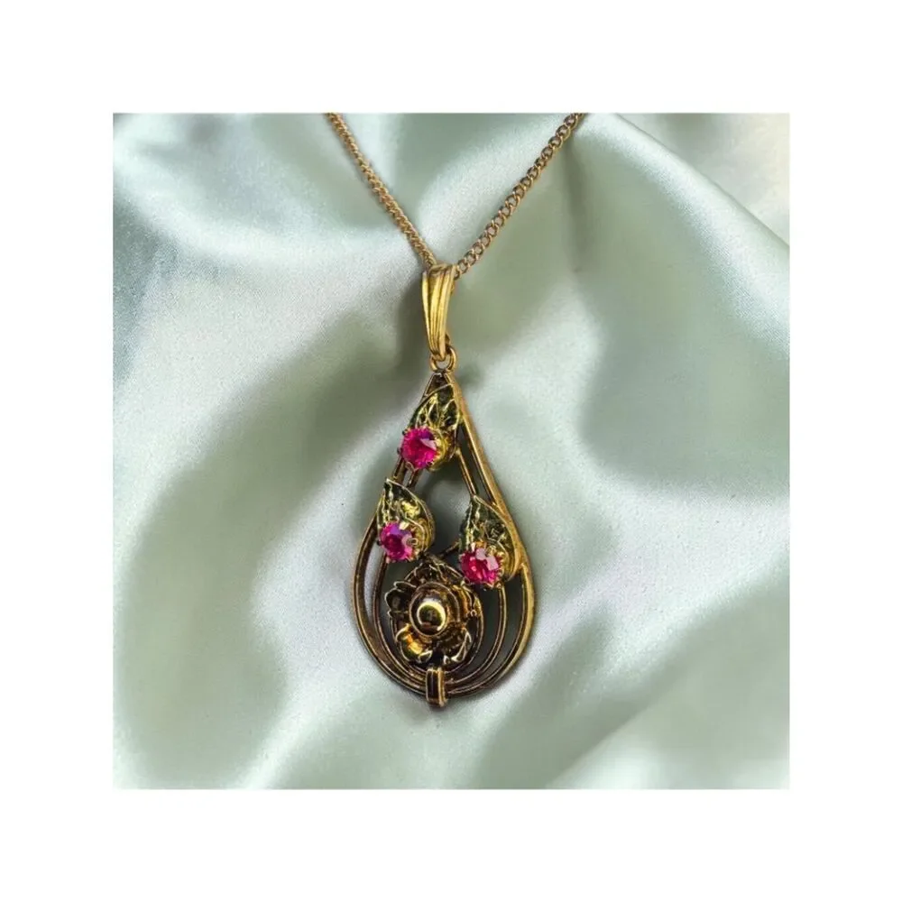 ANTIQUE -10K Gold -Art Nouveau -Ruby Necklace -17